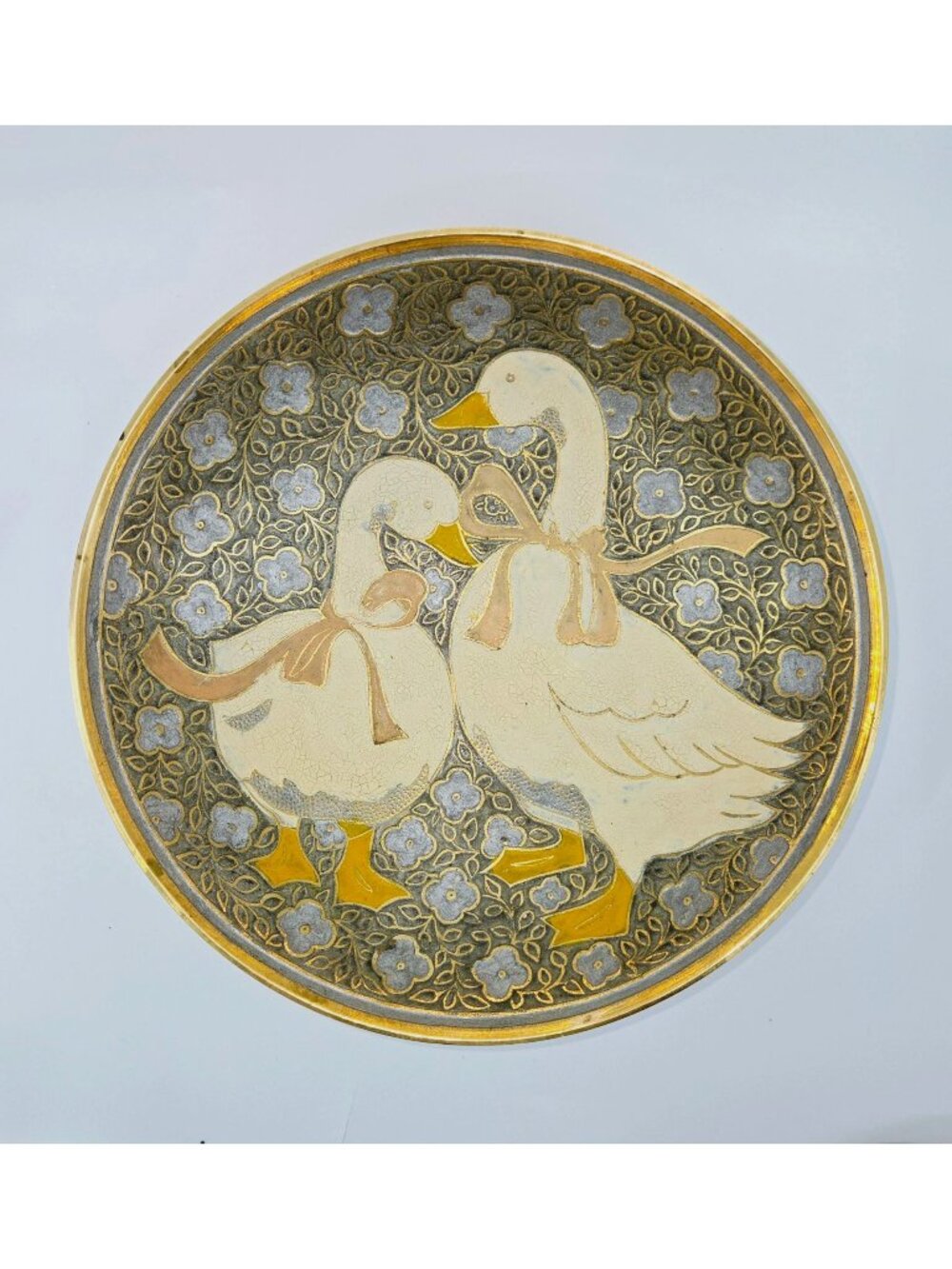 Decorative Goose, Brass Bowl Geese With Hand-Painted enameled Geese & Floral Des